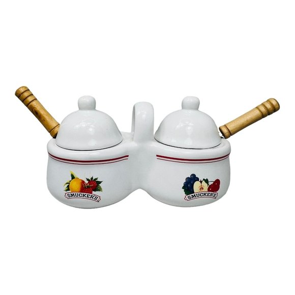 J M Smuckers Other - Vintage Smuckers Double Sided Jam/Jelly/Condiment Jar With Spoons & Lids EUC